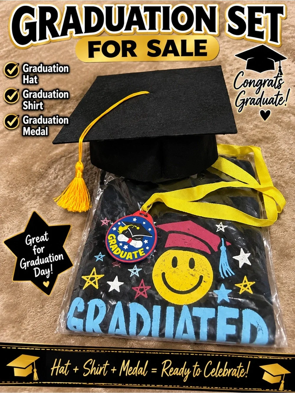 The Children's Place Black Graduation Tee with Yellow Tassel & Medal